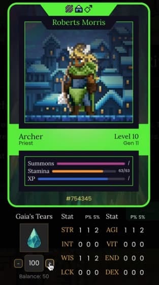 Reproduction of a hero card with attributes, level, race and class.