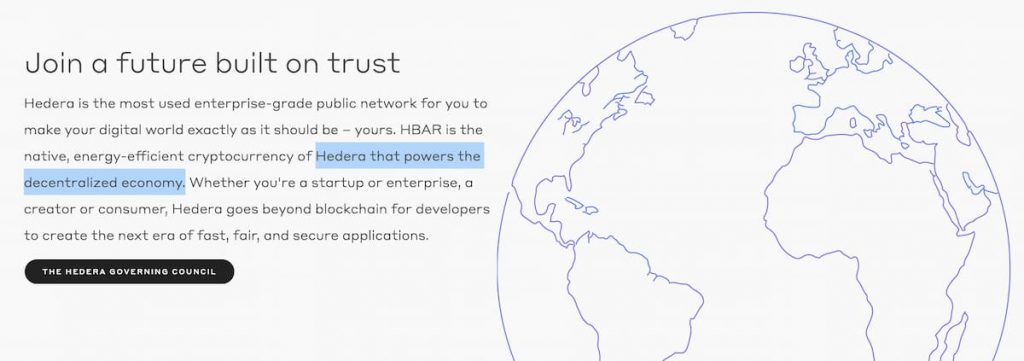 Screenshot of hedera.com on 03/14/2022 talking about building a future based on trust, in a decentralized economy.