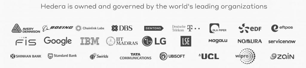 List of companies that make up HBAR's centralized business conglomerate, in order: Avery Dennison, Boeing, Chainlink Labs, DBS, Dentons, Deutche Telekom, DLA Piper, EDF, Eftpos, Fis, Google, IBM, Lit Madras, LG, LSE, Magalu, Nomura, Servicenow, Shinhan Bank, Standard Bank, Swirlds, Tata Communicaations, Ubisoft, UCL, Wipro, Zain