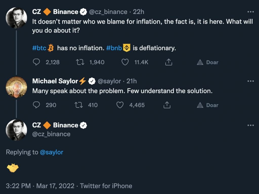 binance ceo tweet, with 11,400 likes and comment by michael saylor.