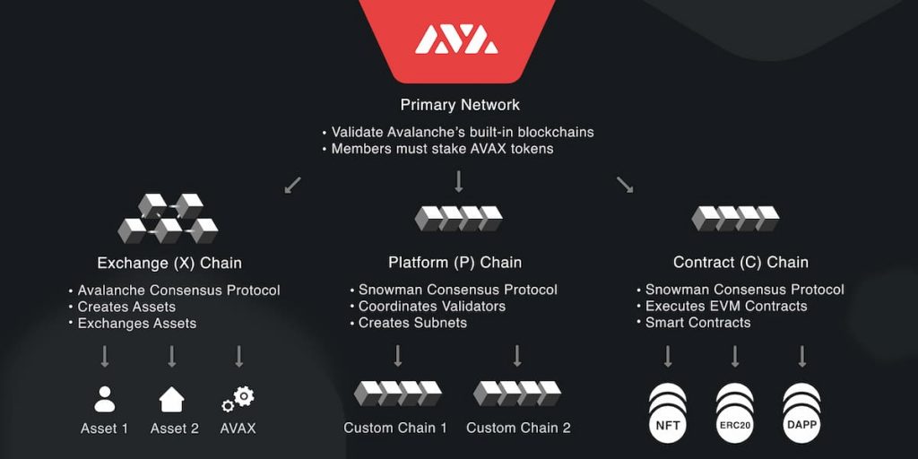 Infographic illustrating how Avalanche works with each blockchain as explained.