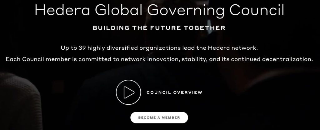 Screenshot of the hedera website about the governance board, with the explanation and the button of "be a member"for the form.