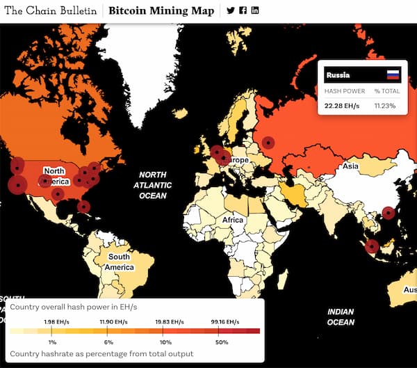 bitcoin mining map with russia having 11% of all hashrate generated.