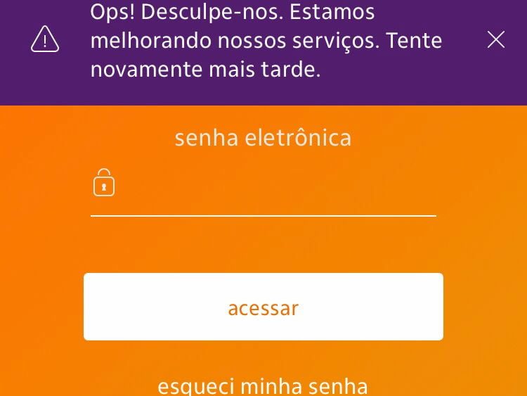 Error message in the application with the problem in itaú