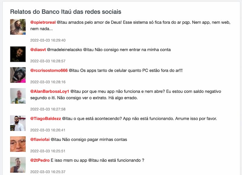 user reports with problems in itaú