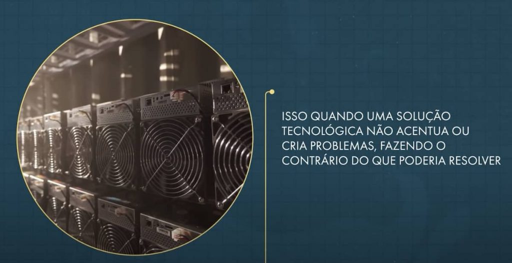 text quote taken from the video, with image of bitcoin mining ASICs.