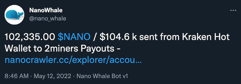 On-chain transfer recorded by NanoWhale on twitter of 102,335 XNO being delivered to pool2miners payment wallet.