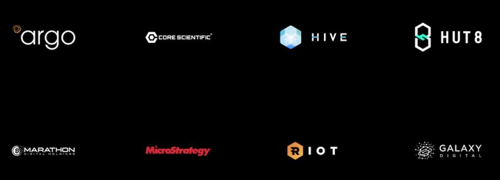 Company logo: Argo, Core Scientific, Hive, Hut8, Marathon, MicroStrategy, Riot, GalaxyDigital