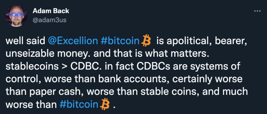 Adam back explaining that CBDC is worse than stablecoins, banks, cash and bitcoin.